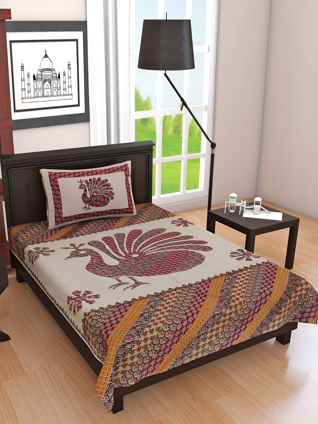 

UBANIA COLLECTION Red & Beige Floral Cotton 144 TC Single Bedsheet with Pillow Cover
