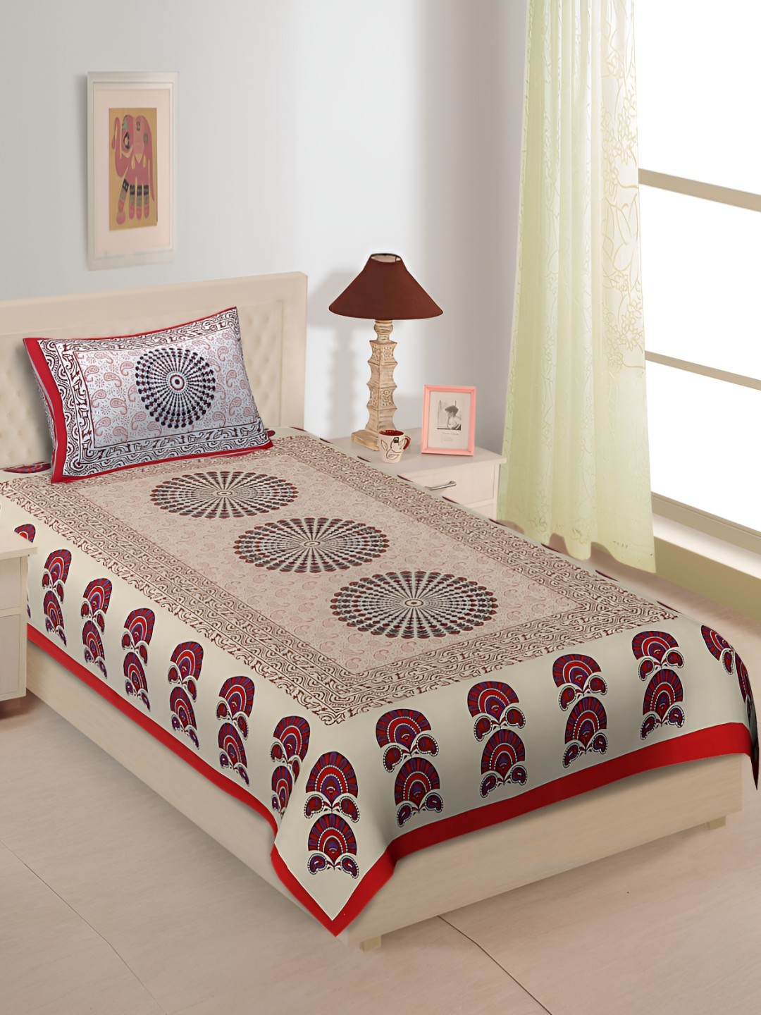 

UBANIA COLLECTION Red Ethnic Motifs 144 TC Single Bedsheet Set