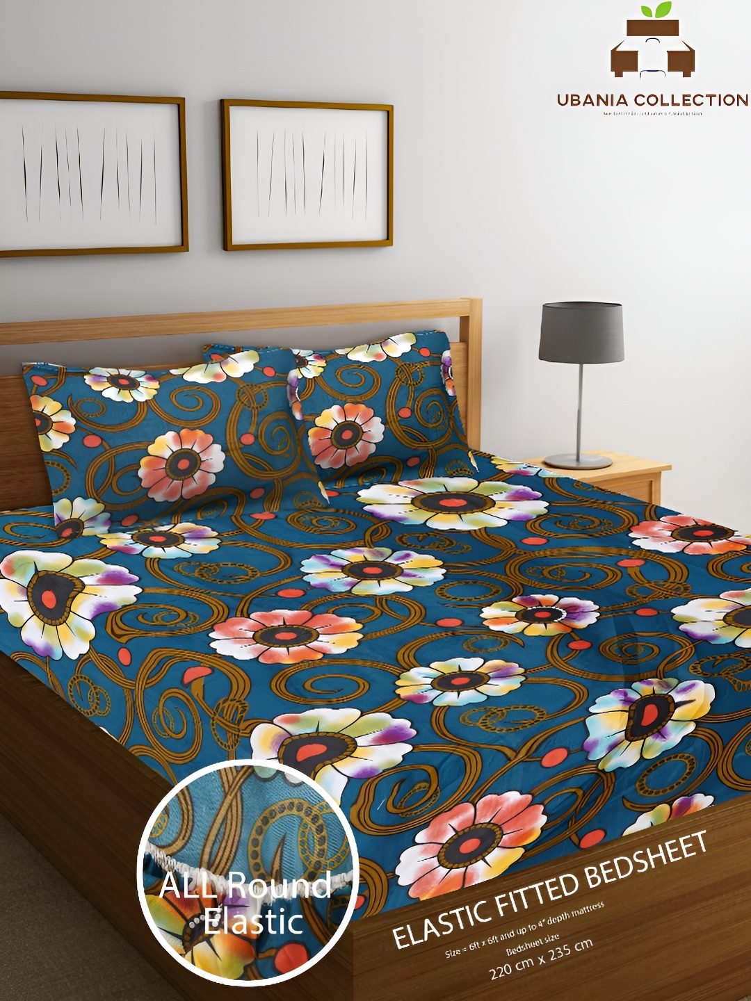 

UBANIA COLLECTION Blue Floral Cotton 144 TC Queen Fitted Bedsheet with 2 Pillow Covers