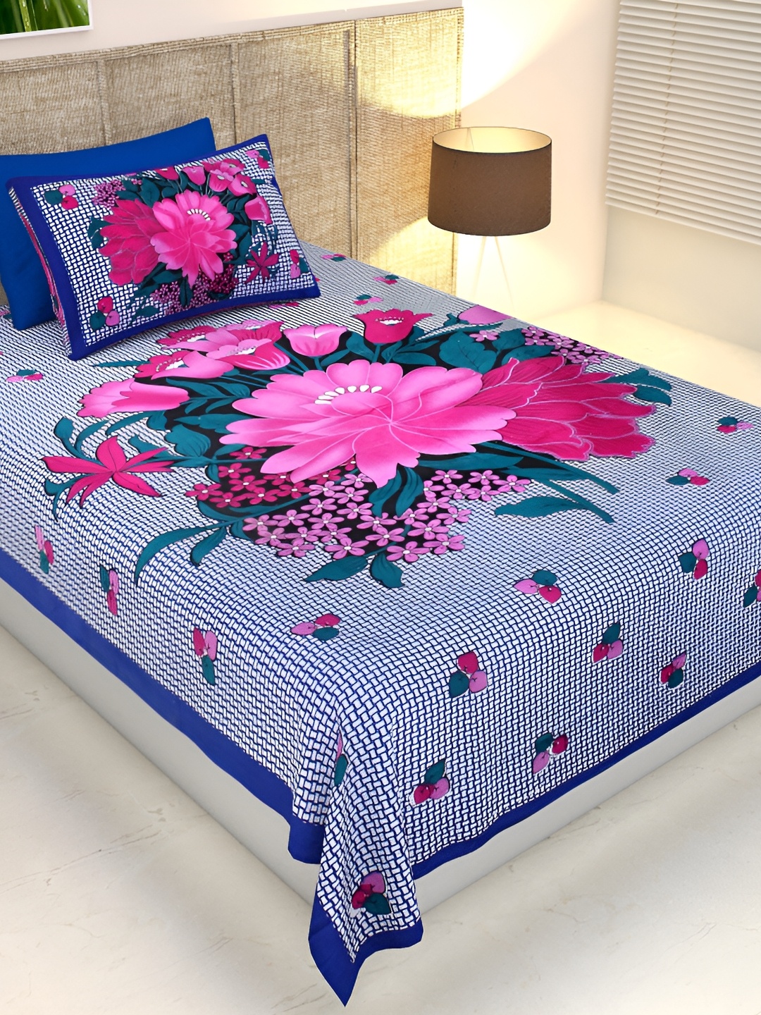 

UBANIA COLLECTION Blue Floral Cotton 144 TC Single Bedsheet with Pillow Cover