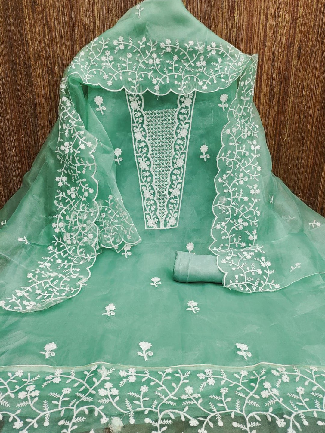 

ZEEPKART Embroidered Organza Unstitched Dress Material, Green