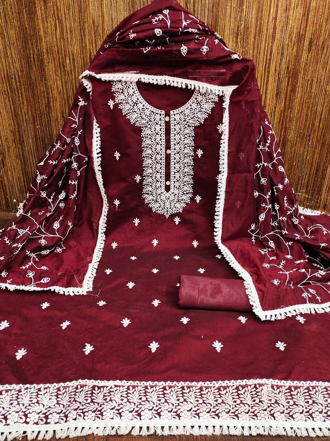 

ZEEPKART Floral Embroidered Unstitched Dress Material, Maroon