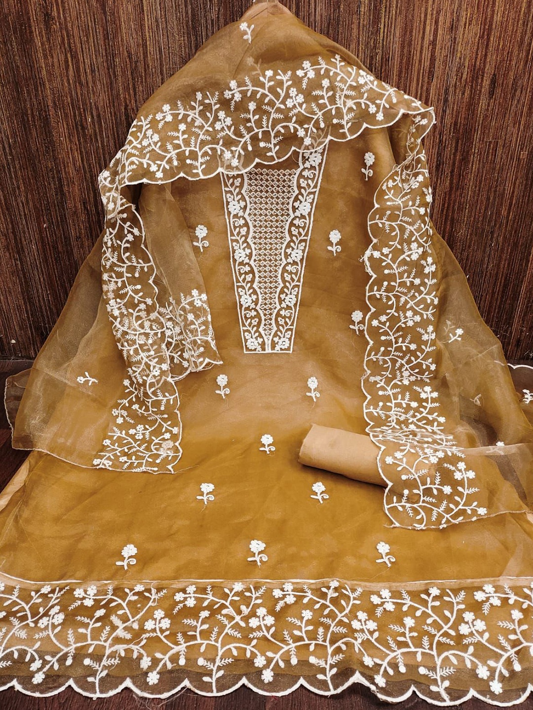 

ZEEPKART Floral Embroidered Beads & Stones Organza Unstitched Dress Material, Mustard