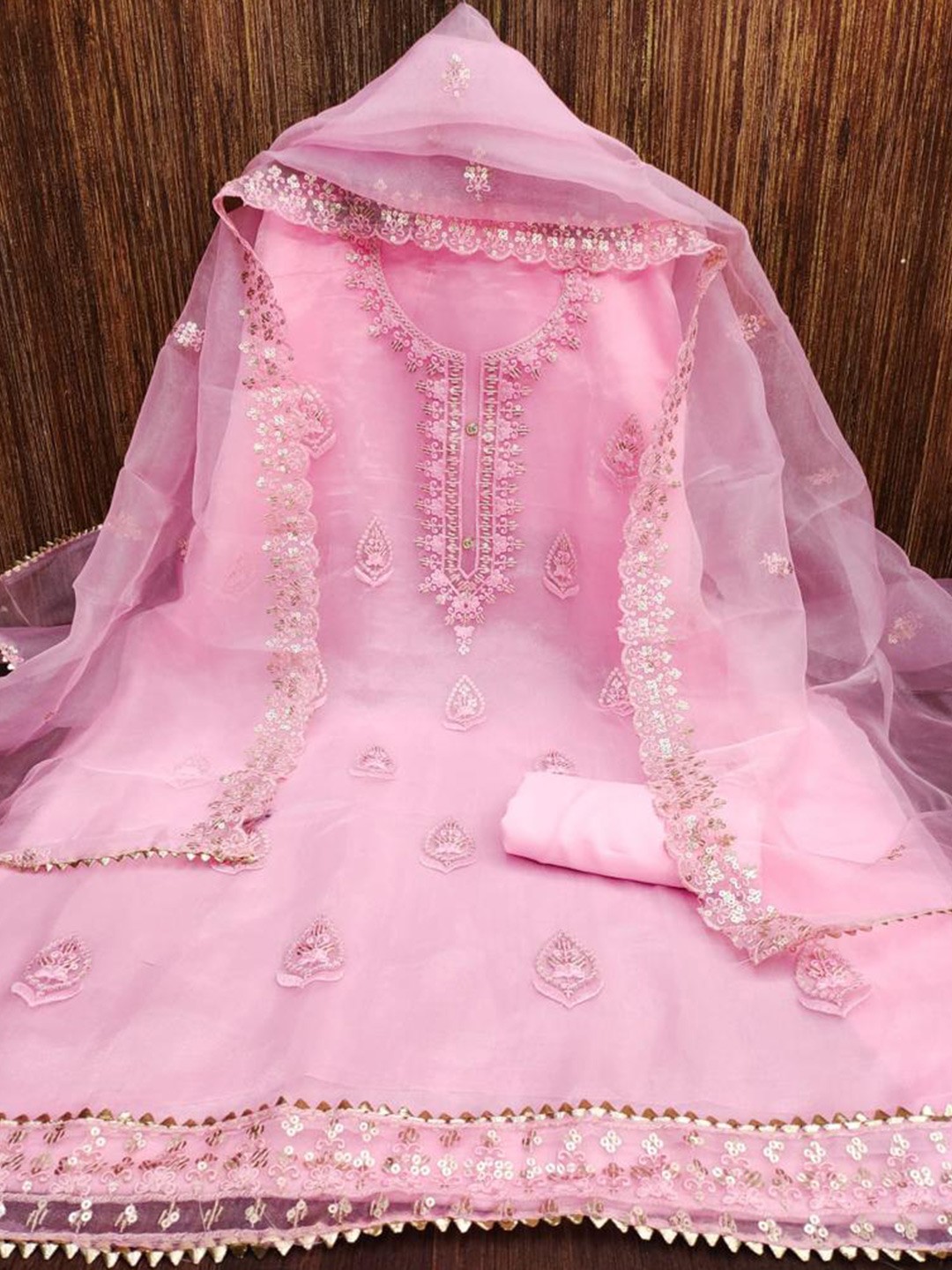 

ZEEPKART Ethnic Motifs Embellished Sequinned Organza Unstitched Dress Material, Pink