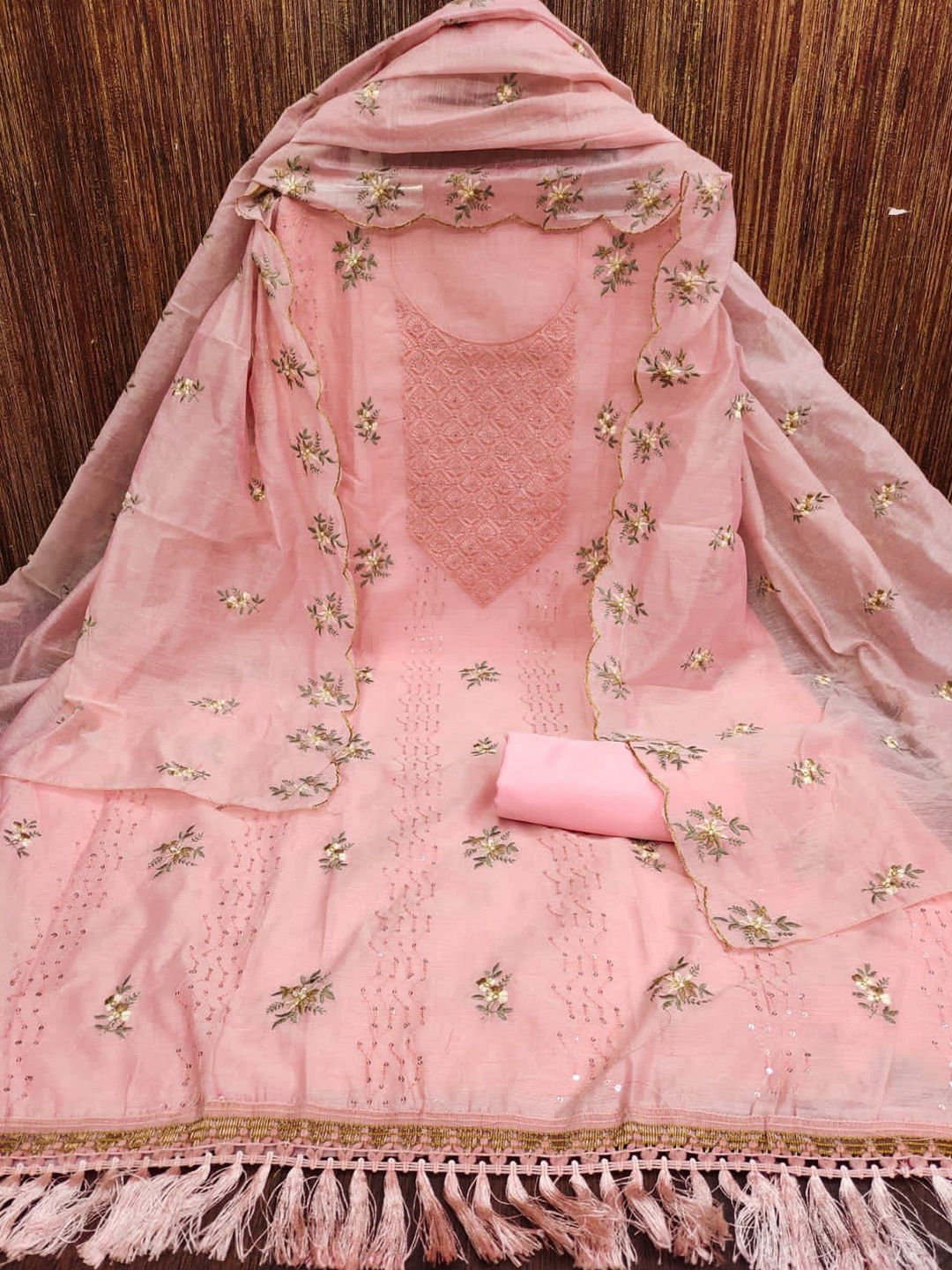 

ZEEPKART Floral Embroidered Sequined Unstitched Dress Material, Pink
