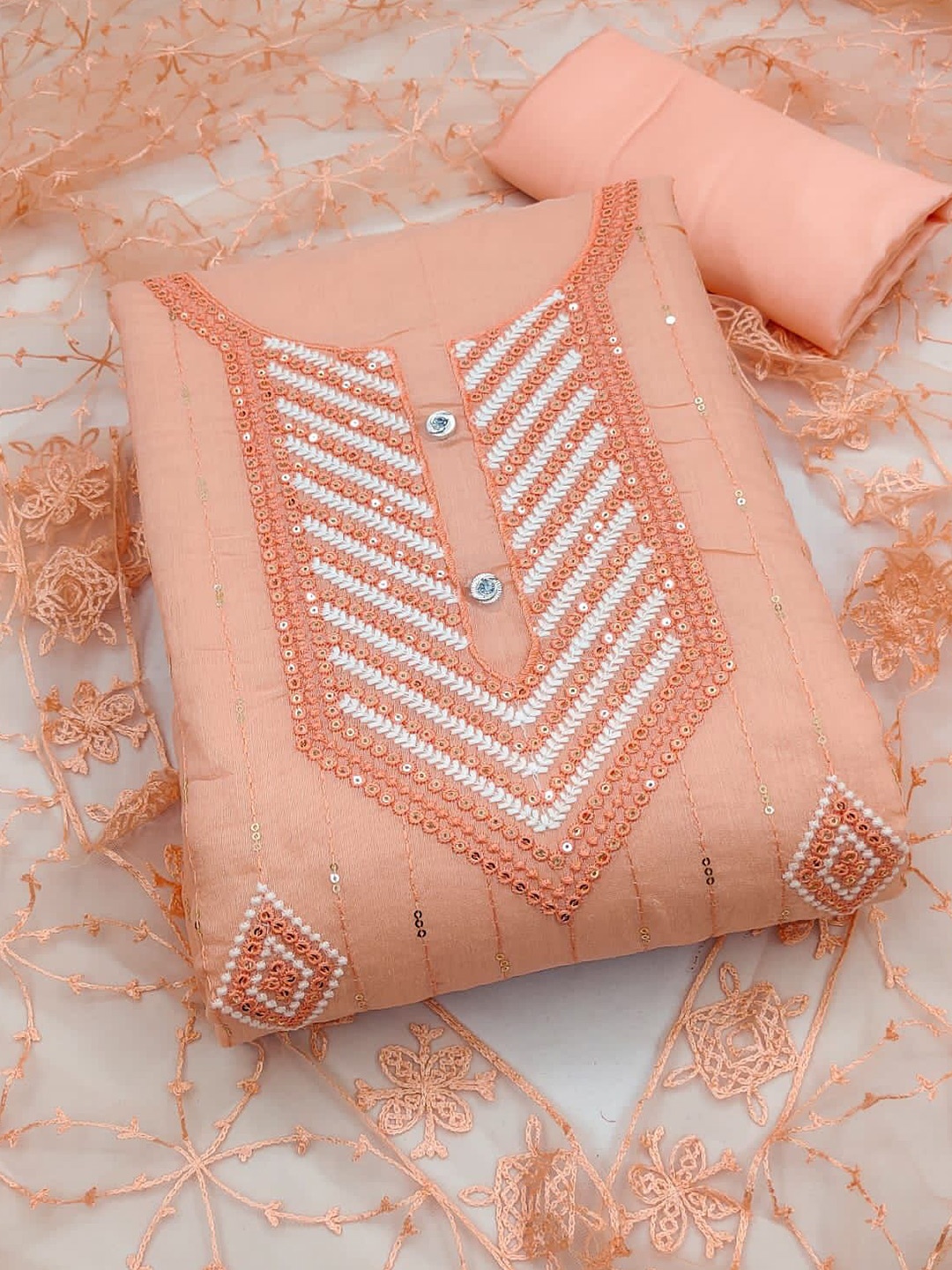 

ZEEPKART Ethnic Motifs Embroidered Sequinned Unstitched Dress Material, Orange