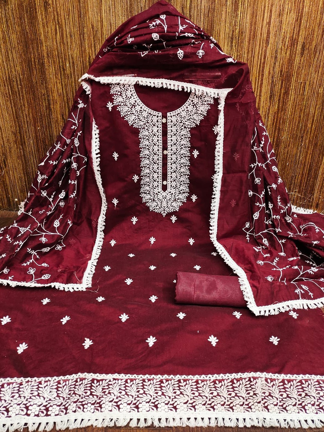 

ZEEPKART Ethnic Motifs Embroidered Unstitched Dress Material, Maroon