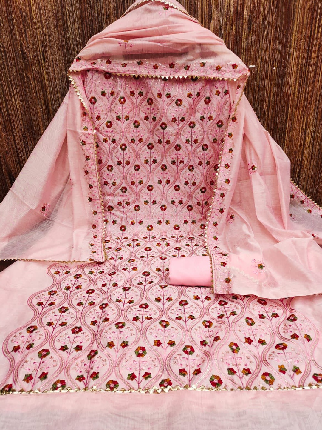

ZEEPKART Ethnic Motifs Embroidered Thread Work Unstitched Dress Material, Pink