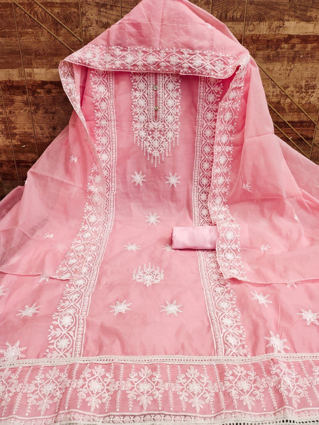 

ZEEPKART Ethnic Motifs Embroidered Thread Work Unstitched Dress Material, Pink