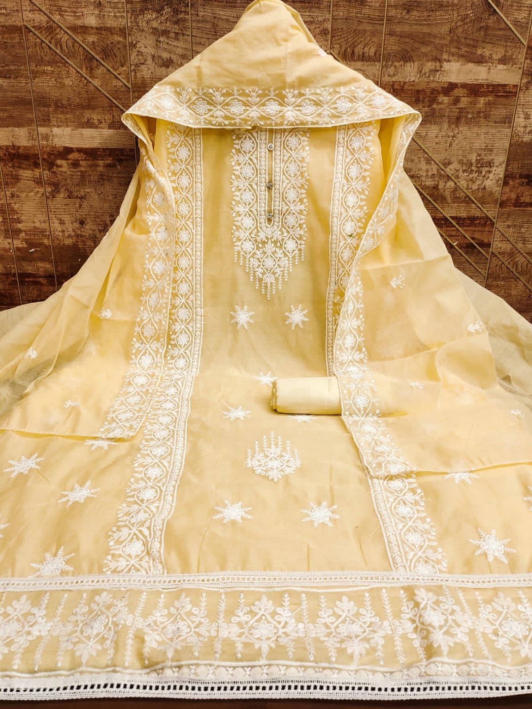 

ZEEPKART Ethnic Motifs Embroidered Thread Work Unstitched Dress Material, Yellow