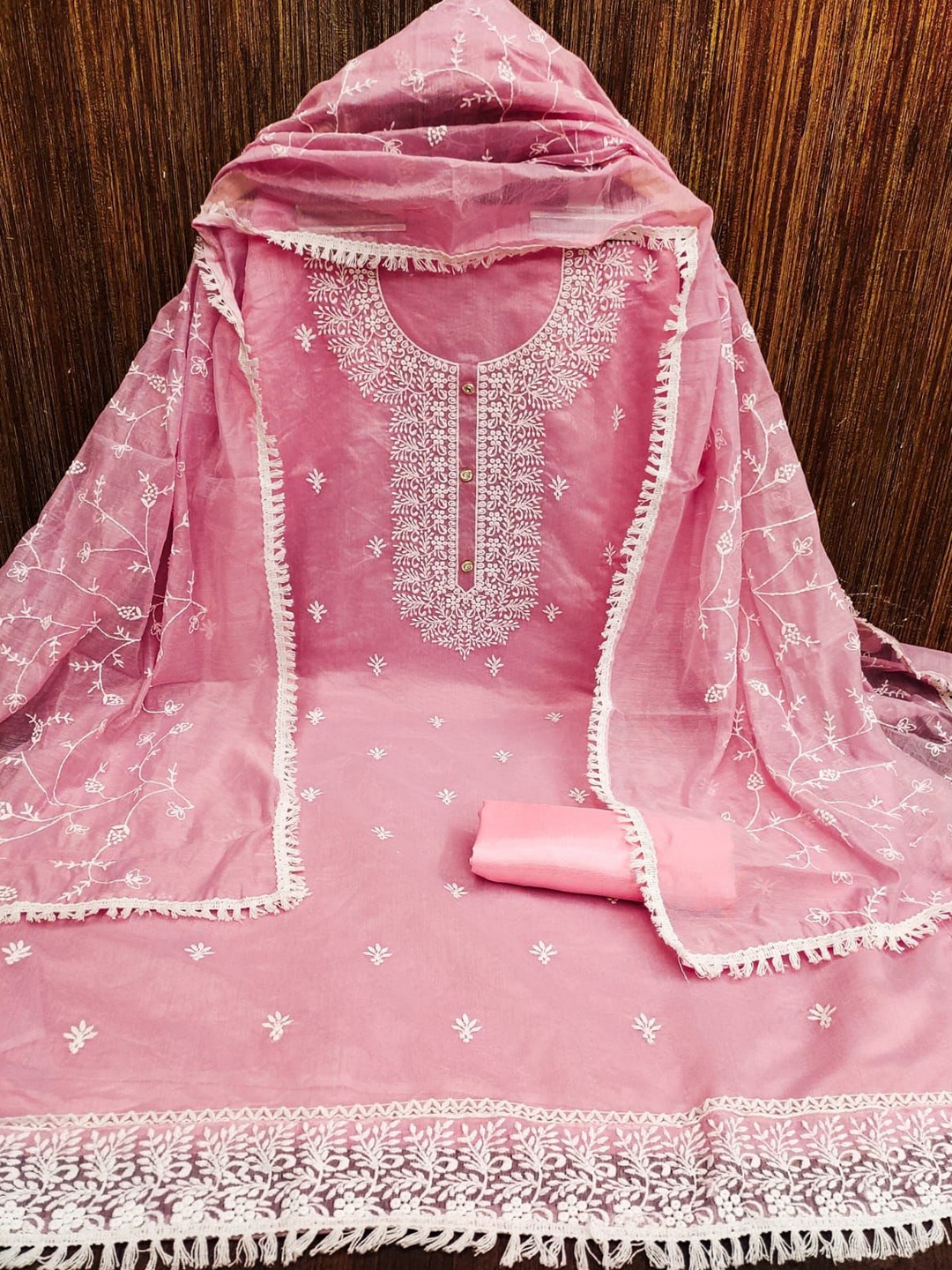 

ZEEPKART Embroidered Unstitched Dress Material, Pink