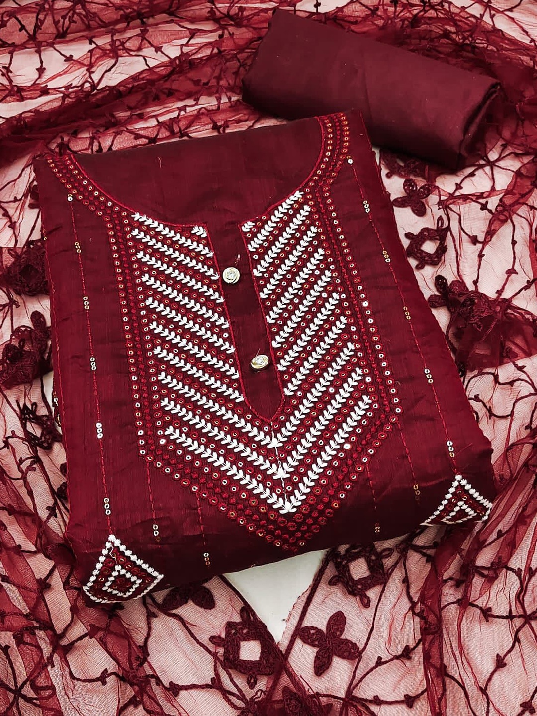 

ZEEPKART Floral Embroidered Unstitched Dress Material, Maroon
