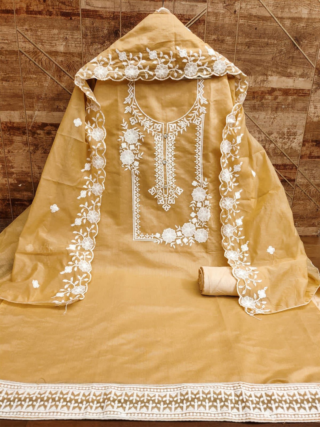 

ZEEPKART Floral Embroidered Unstitched Dress Material, Mustard