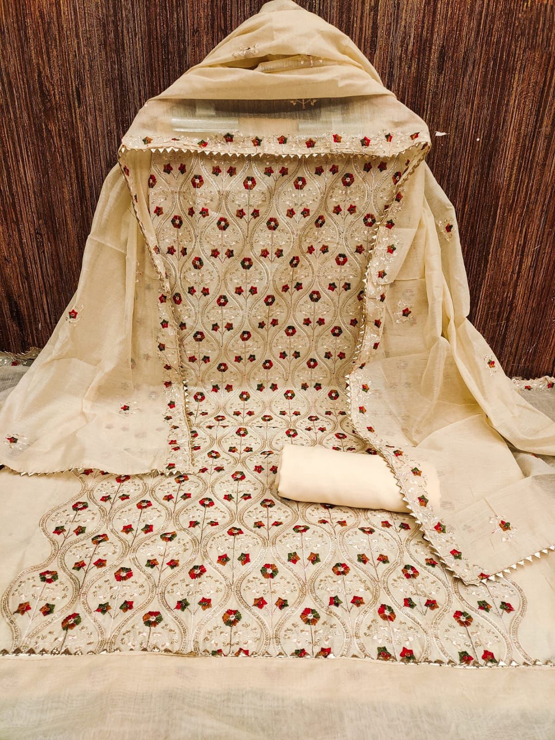 

ZEEPKART Floral Embroidered Sequinned Unstitched Dress Material, Brown