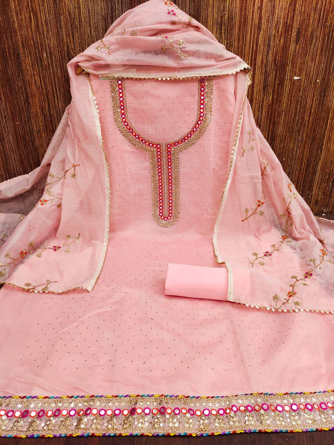

ZEEPKART Ethnic Motifs Embellished Mirror Work Unstitched Dress Material, Pink