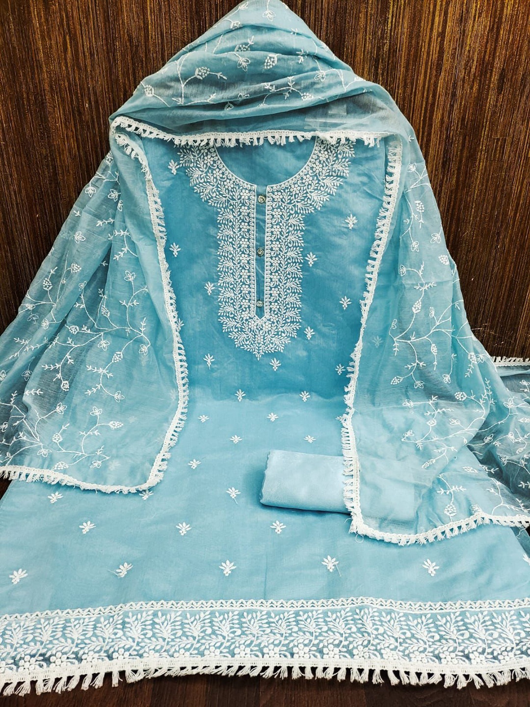

ZEEPKART Floral Embroidered Unstitched Dress Material, Blue