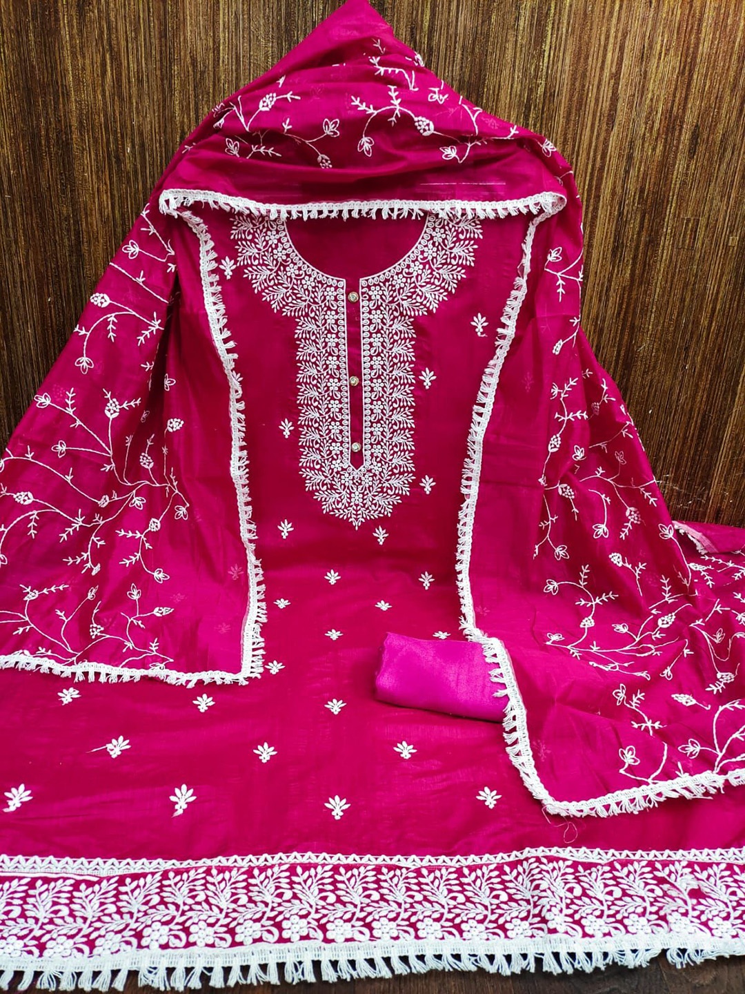 

ZEEPKART Floral Embroidered Unstitched Dress Material, Red