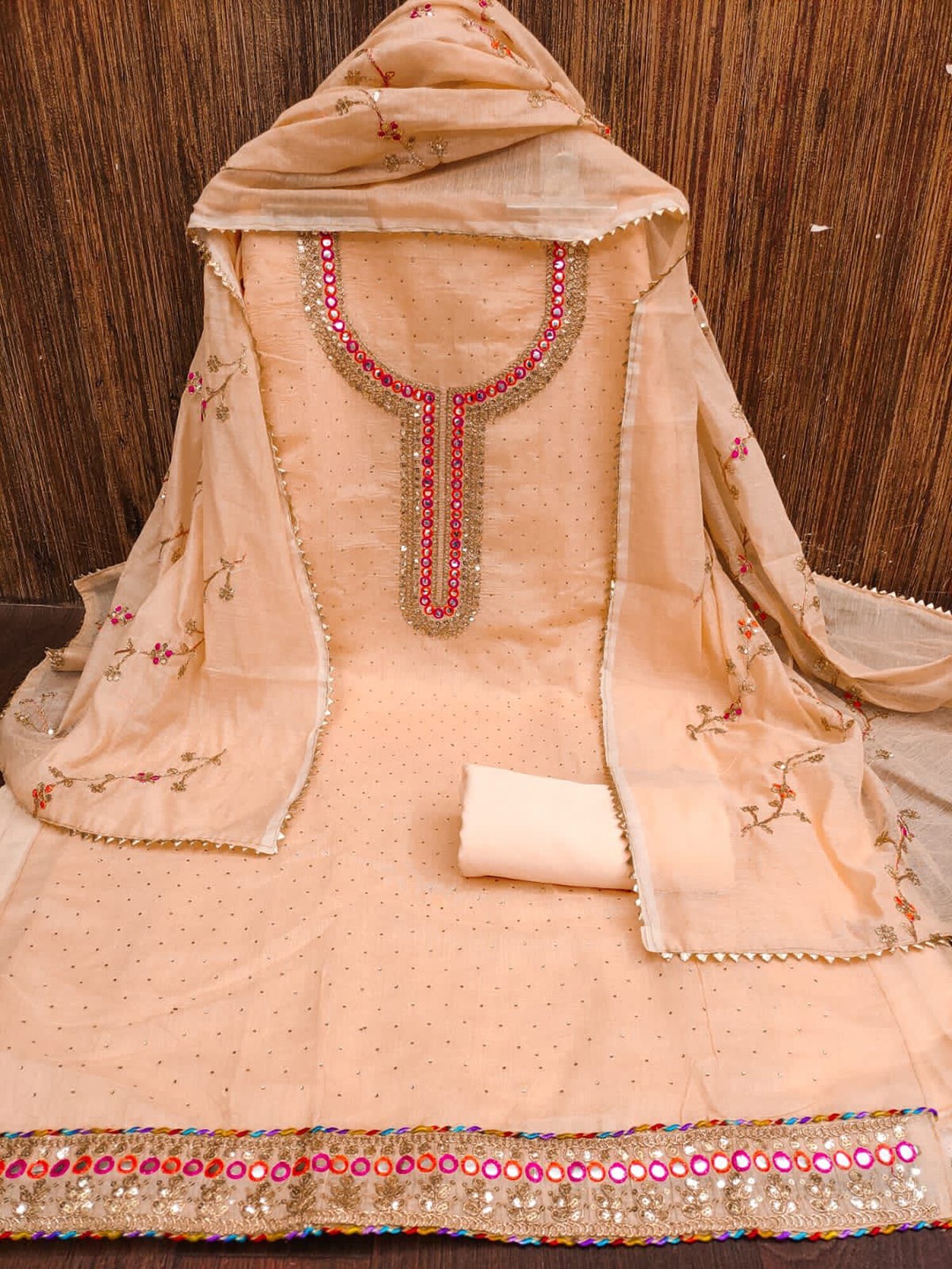 

ZEEPKART Ethnic Motifs Embellished Mirror Work Unstitched Dress Material, Orange