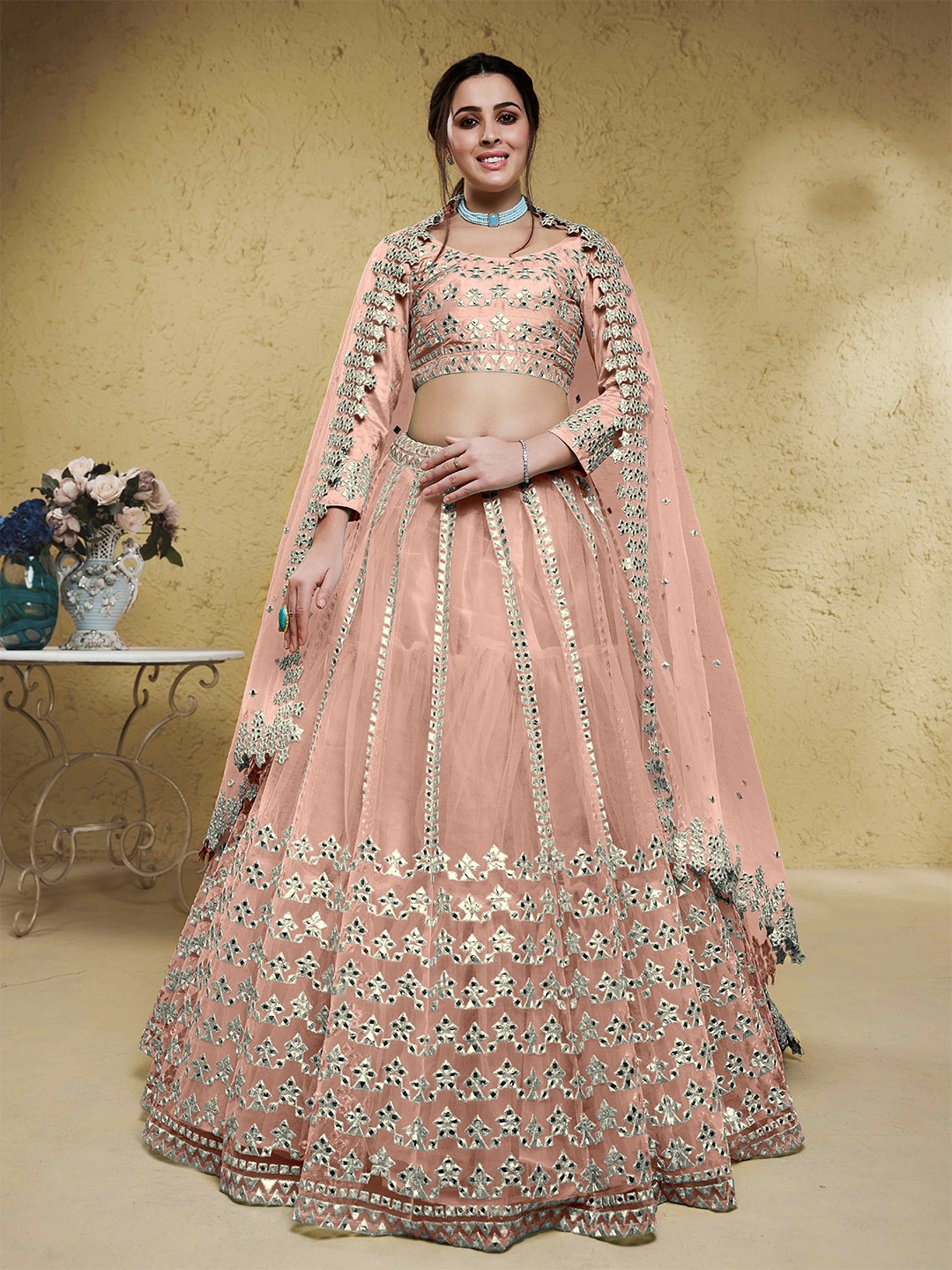 

FABPIXEL Embroidered Sequinned Net Semi-Stitched Lehenga & Unstitched Blouse With Dupatta, Pink