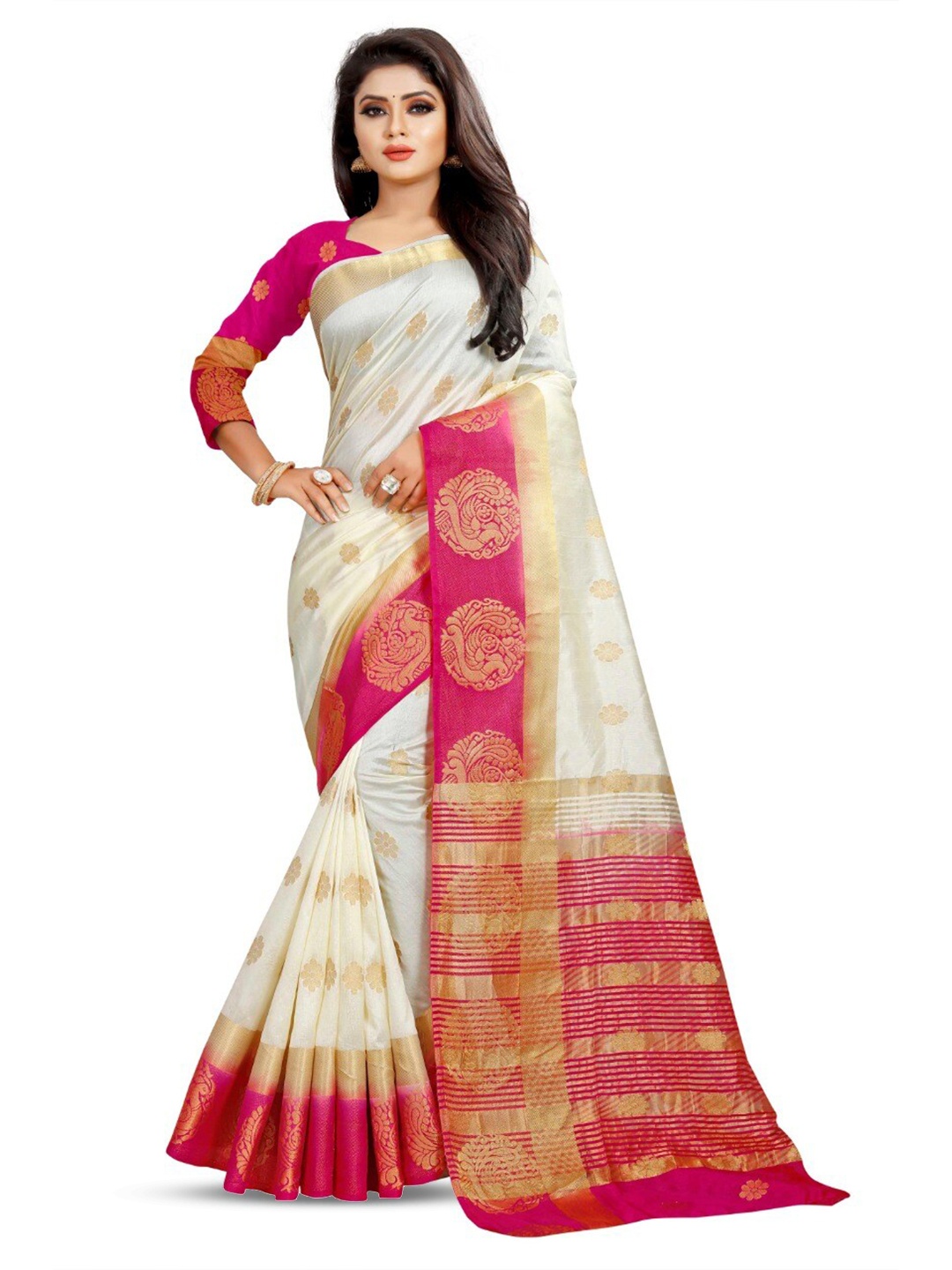 

Pemal Designer Ethnic Motifs Woven Design Zari Kanjeevaram Saree, White