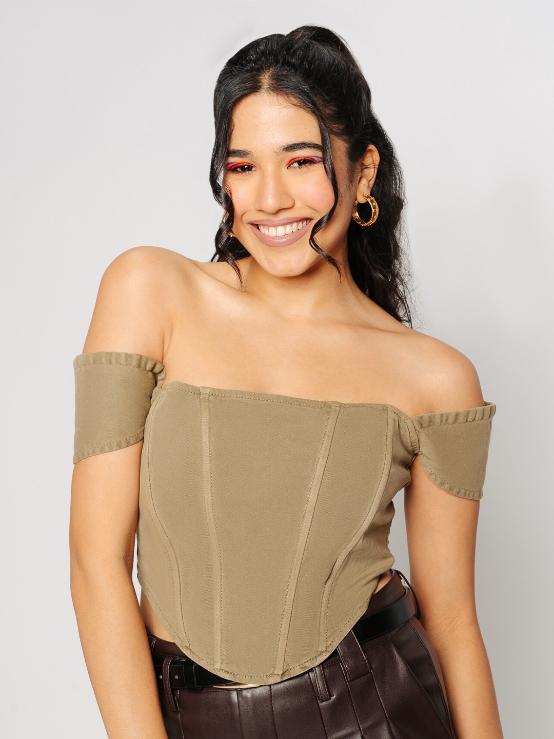 

FREAKINS Off-Shoulder Bardot Crop Top, Brown