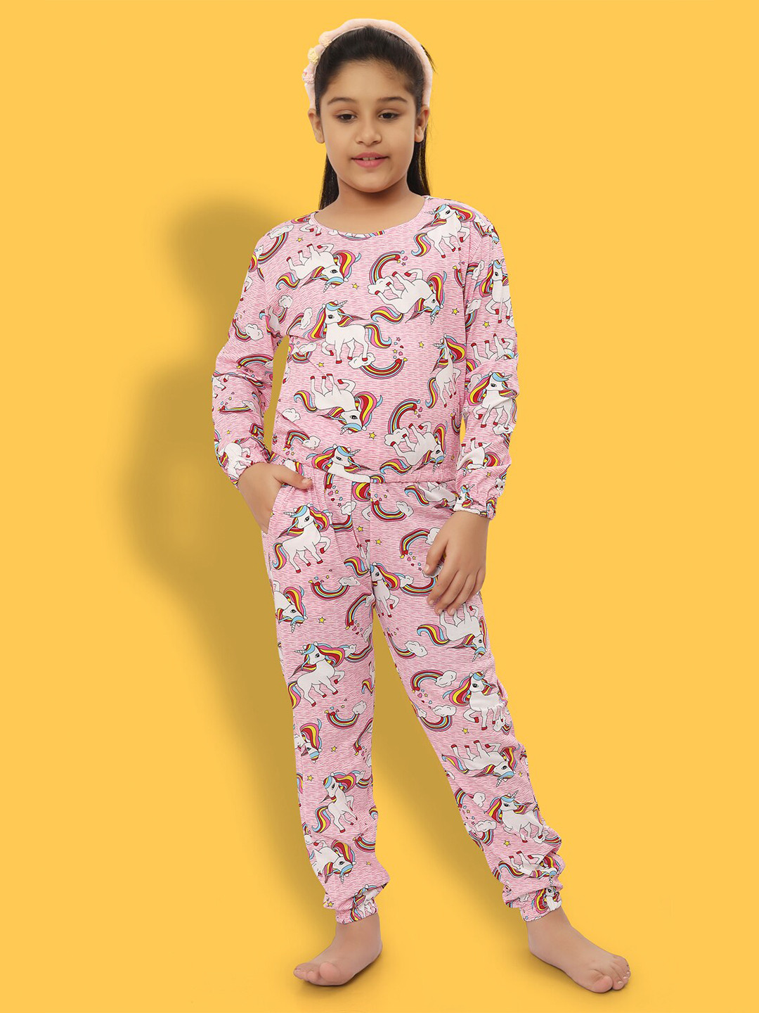 

Ninos Dreams Girls Graphic Printed Pure Cotton Night suit, Pink