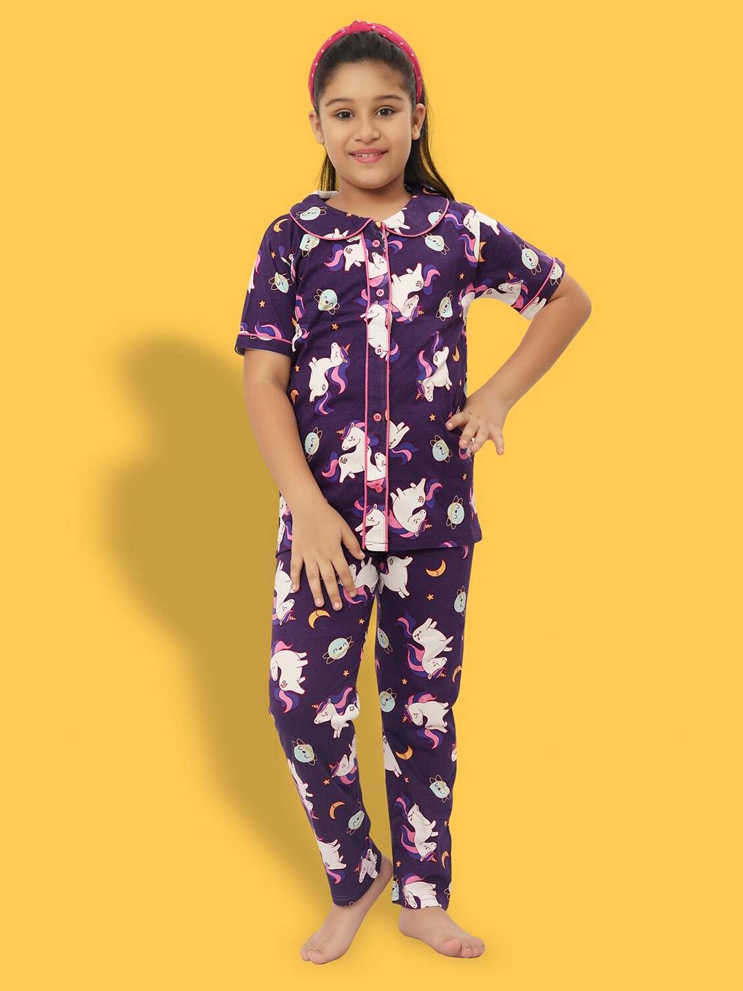 

Ninos Dreams Girls Graphic Printed Pure Cotton Night suit, Purple