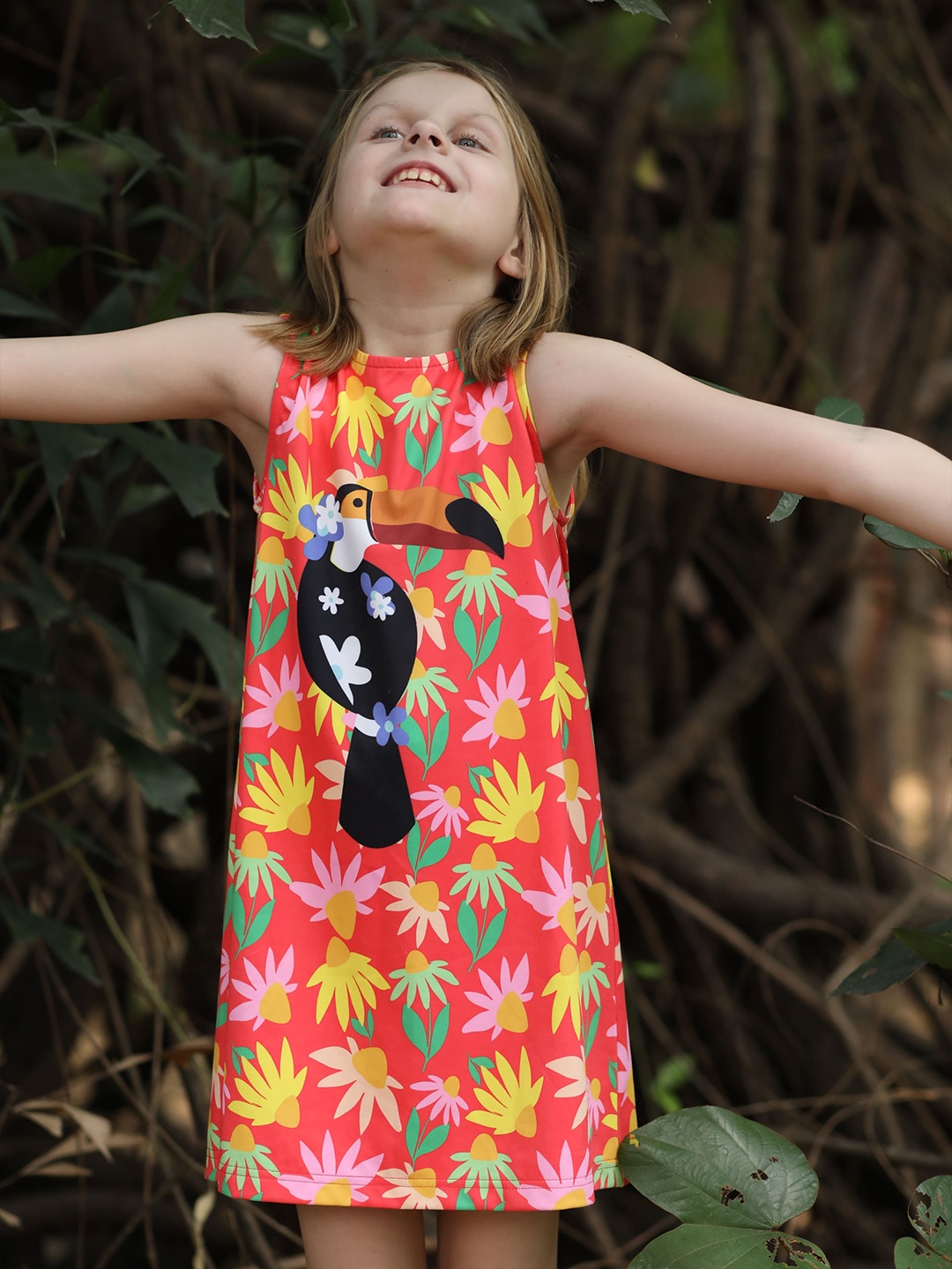 

BAESD Girl Tropical Print Sleeveless A-Line Dress, Red