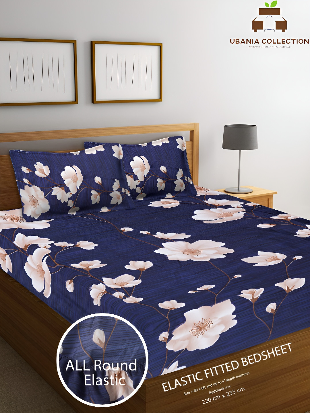 

UBANIA COLLECTION Blue Floral Cotton 144 TC Queen Fitted Bedsheet with 2 Pillow Covers