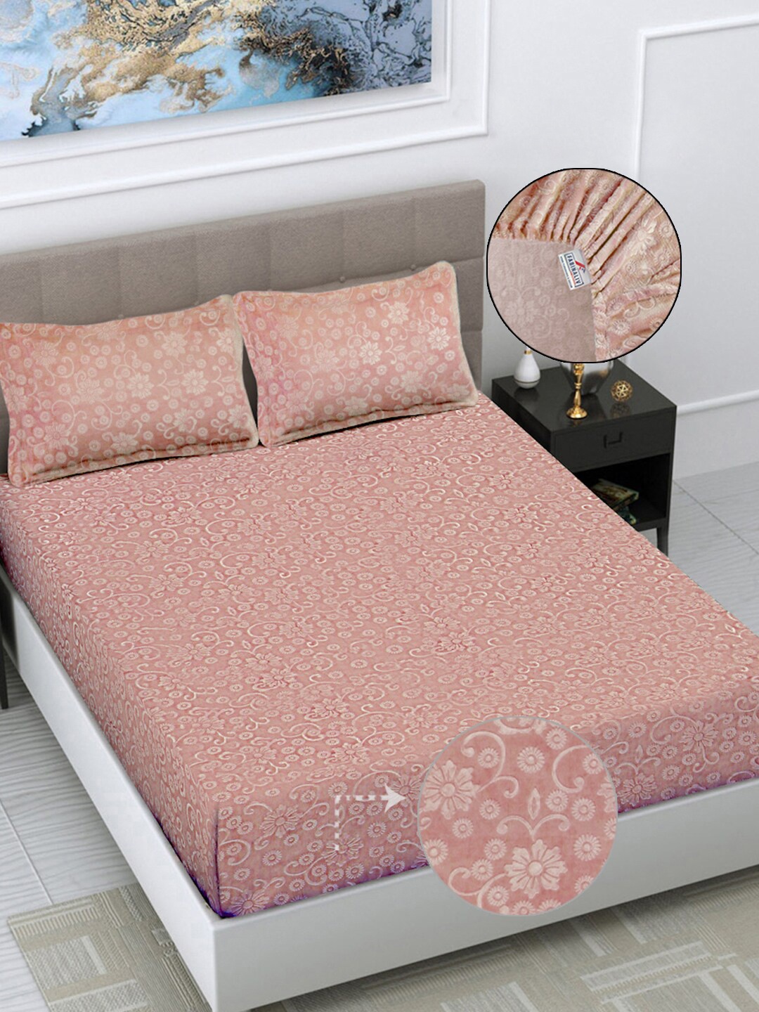 

FABINALIV Peach-Coloured Floral 300 TC Woollen King Size Fitted Bedsheet & 2 Pillow Covers