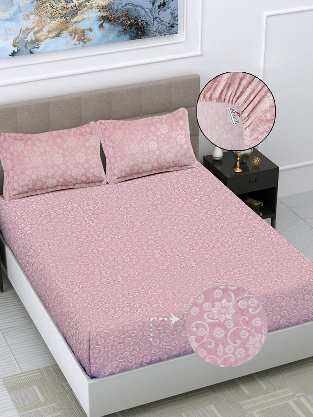 

FABINALIV Pink Floral 300 TC Woollen King Size Fitted Double Bedsheet & 2 Pillow Covers