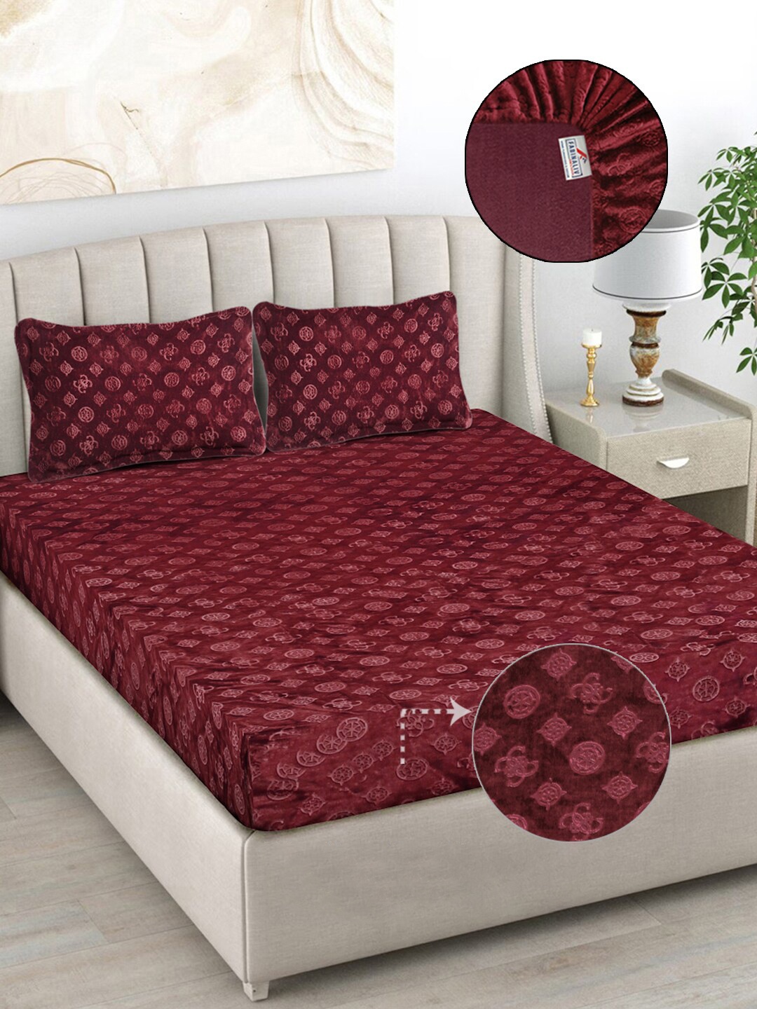 

FABINALIV Maroon Geometric 300 TC Woollen King Size Fitted Bedsheet with 2 Pillow Covers