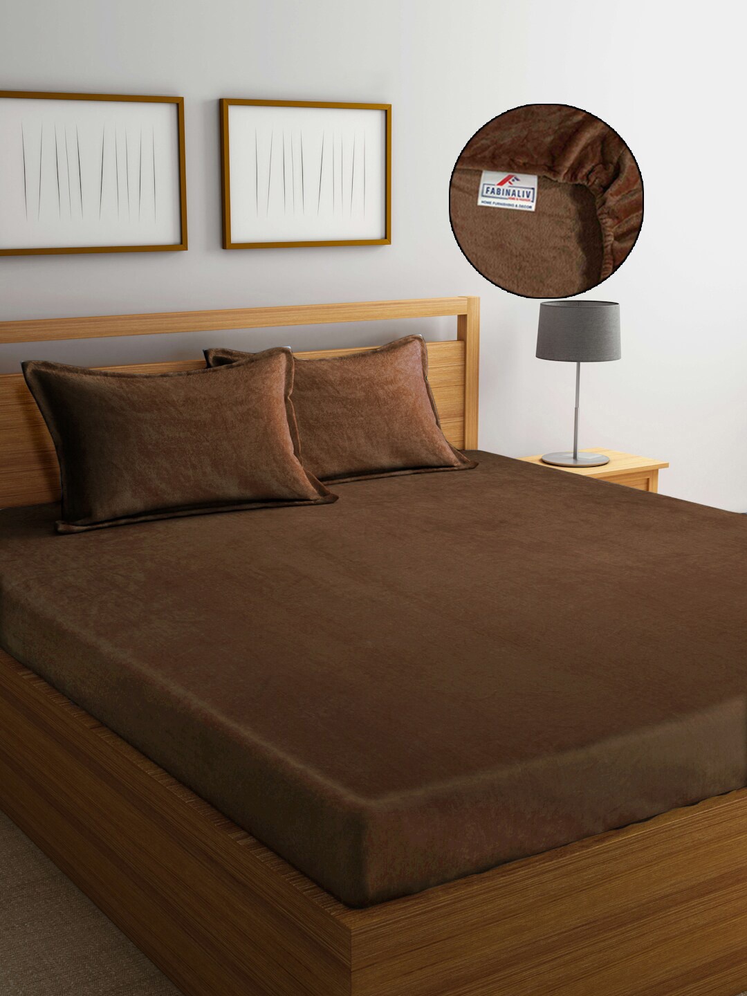 

FABINALIV Brown Solid 300 TC Woollen King Size Fitted Double Bedsheet & 2 Pillow Covers