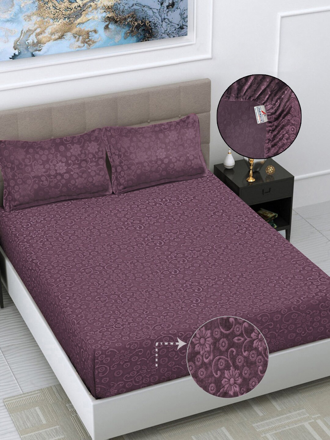 

FABINALIV Purple Floral 300 TC Woollen King Size Fitted Double Bedsheet & 2 Pillow Covers