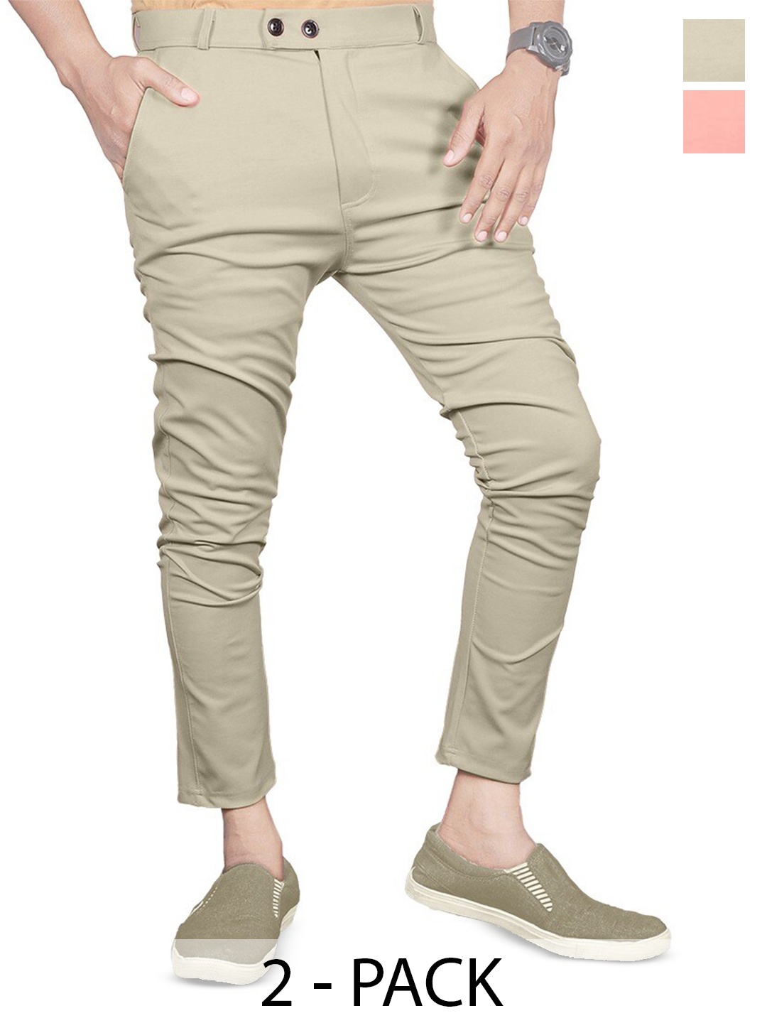 

BAESD Men Pack Of 2 Smart Skinny Fit Mid-Rise Plain Chinos Trousers, Beige