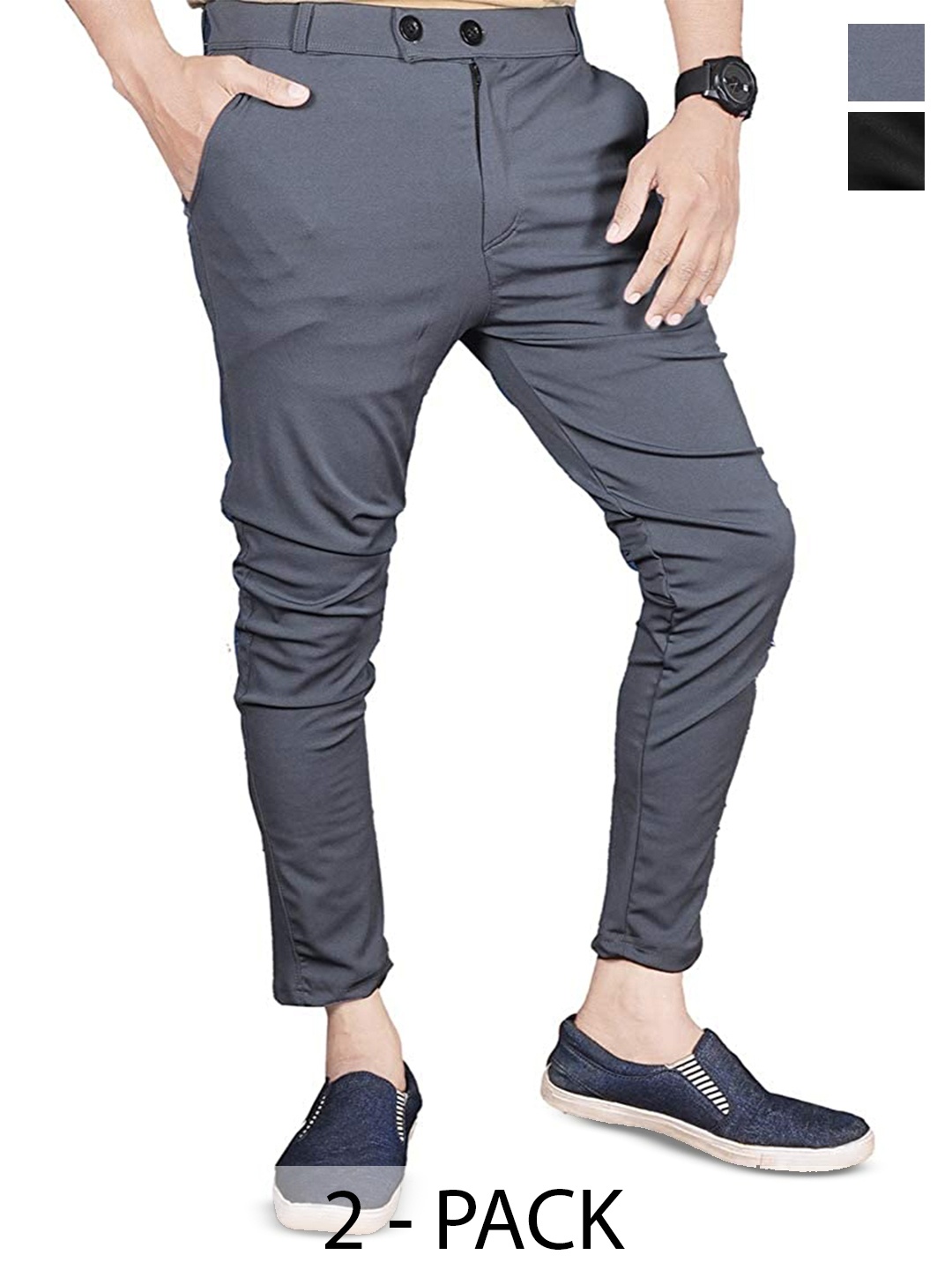 

BAESD Men Pack Of 2 Smart Skinny Fit Mid-Rise Plain Chinos Trousers, Grey