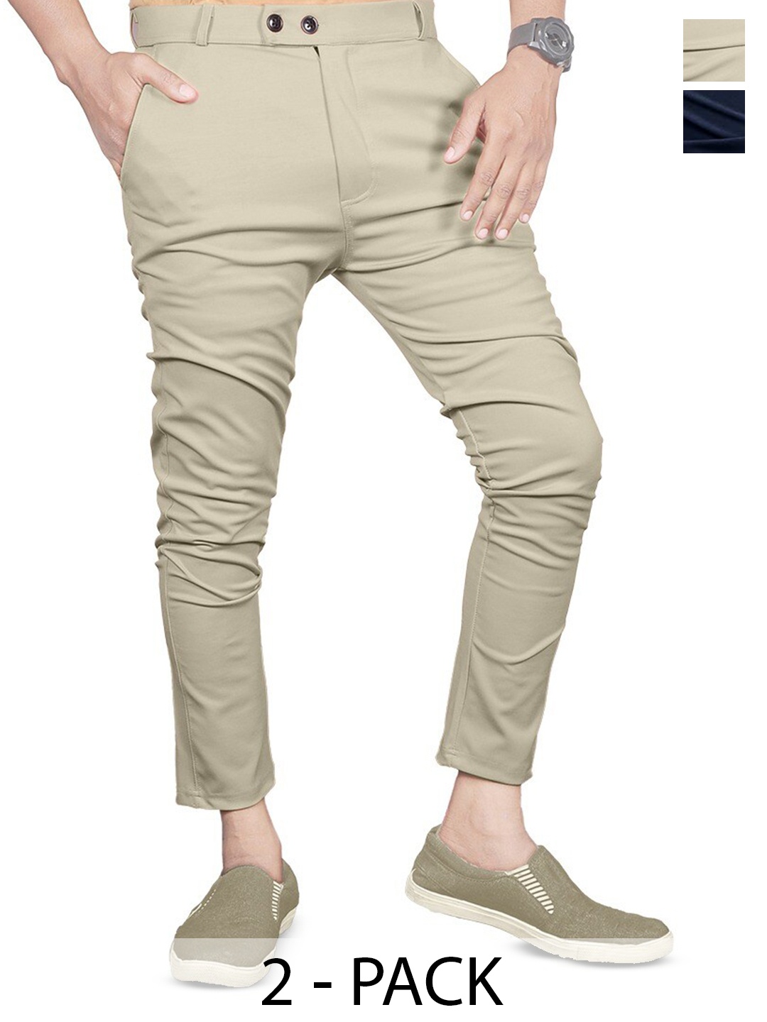 

BAESD Men Pack Of 2 Smart Skinny Fit Mid-Rise Trouser, Beige