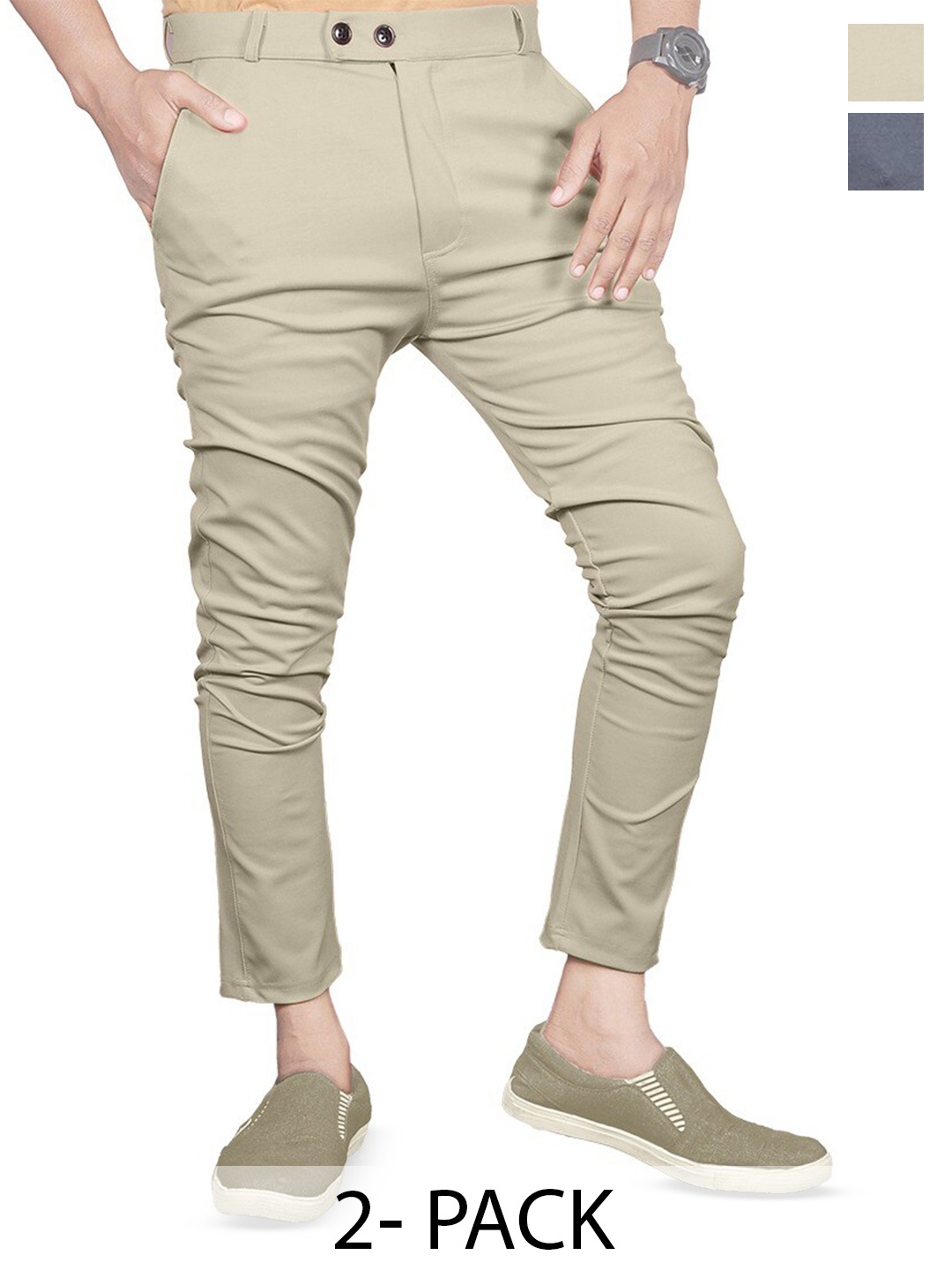 

BAESD Men Pack Of 2 Smart Skinny Fit Trousers, Beige