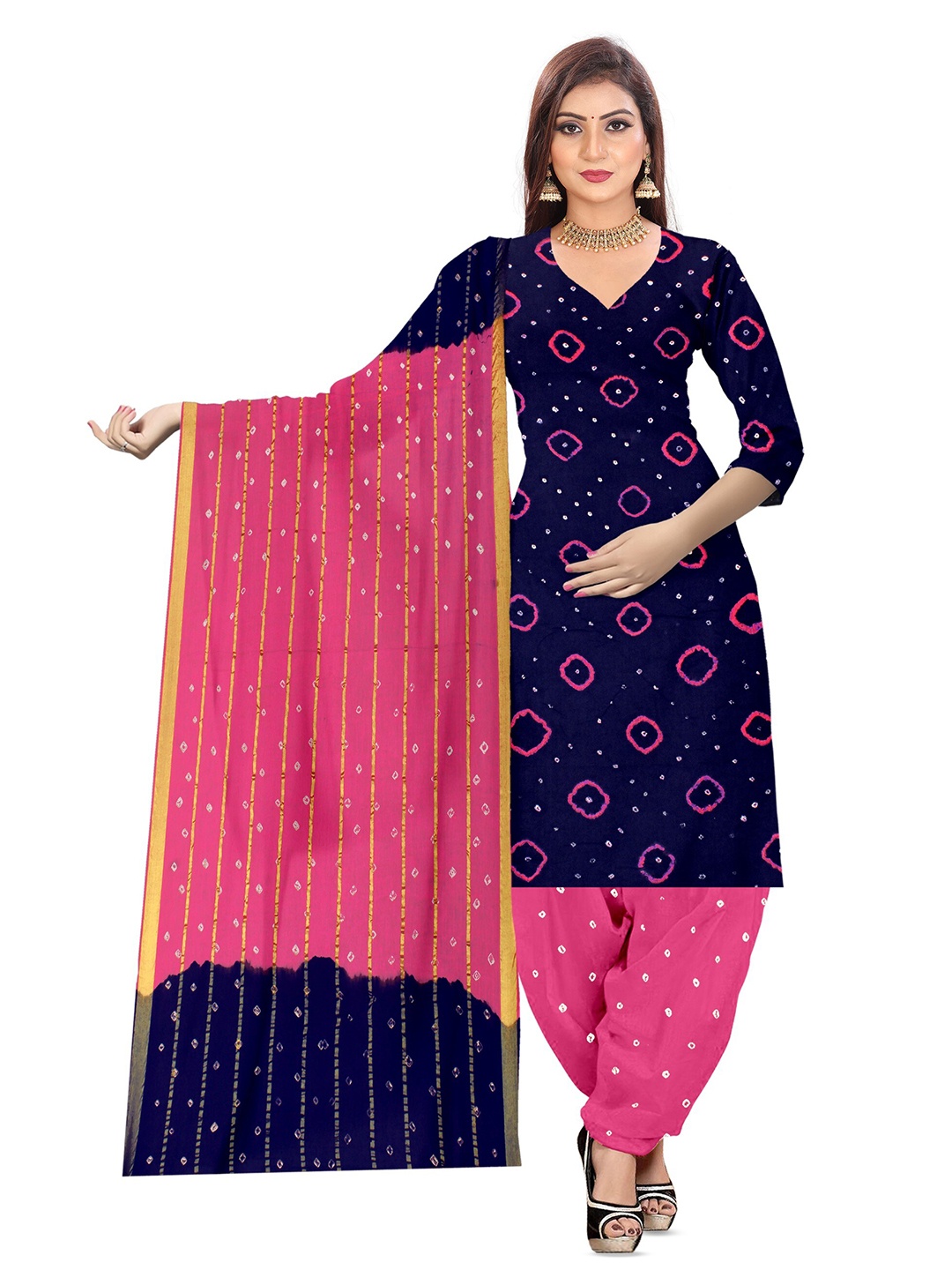 

ZEEPKART Bandhani Printed Unstitched Dress Material, Navy blue