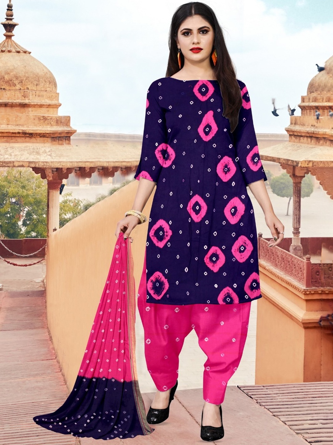

ZEEPKART Bandhani Printed Unstitched Dress Material, Navy blue
