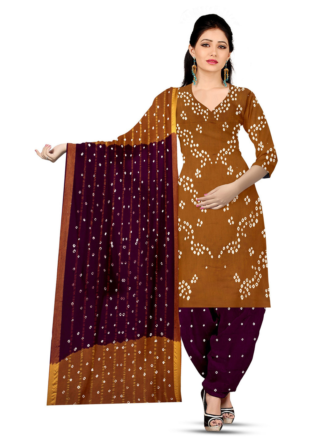 

ZEEPKART Bandhani Printed Unstitched Dress Material, Brown