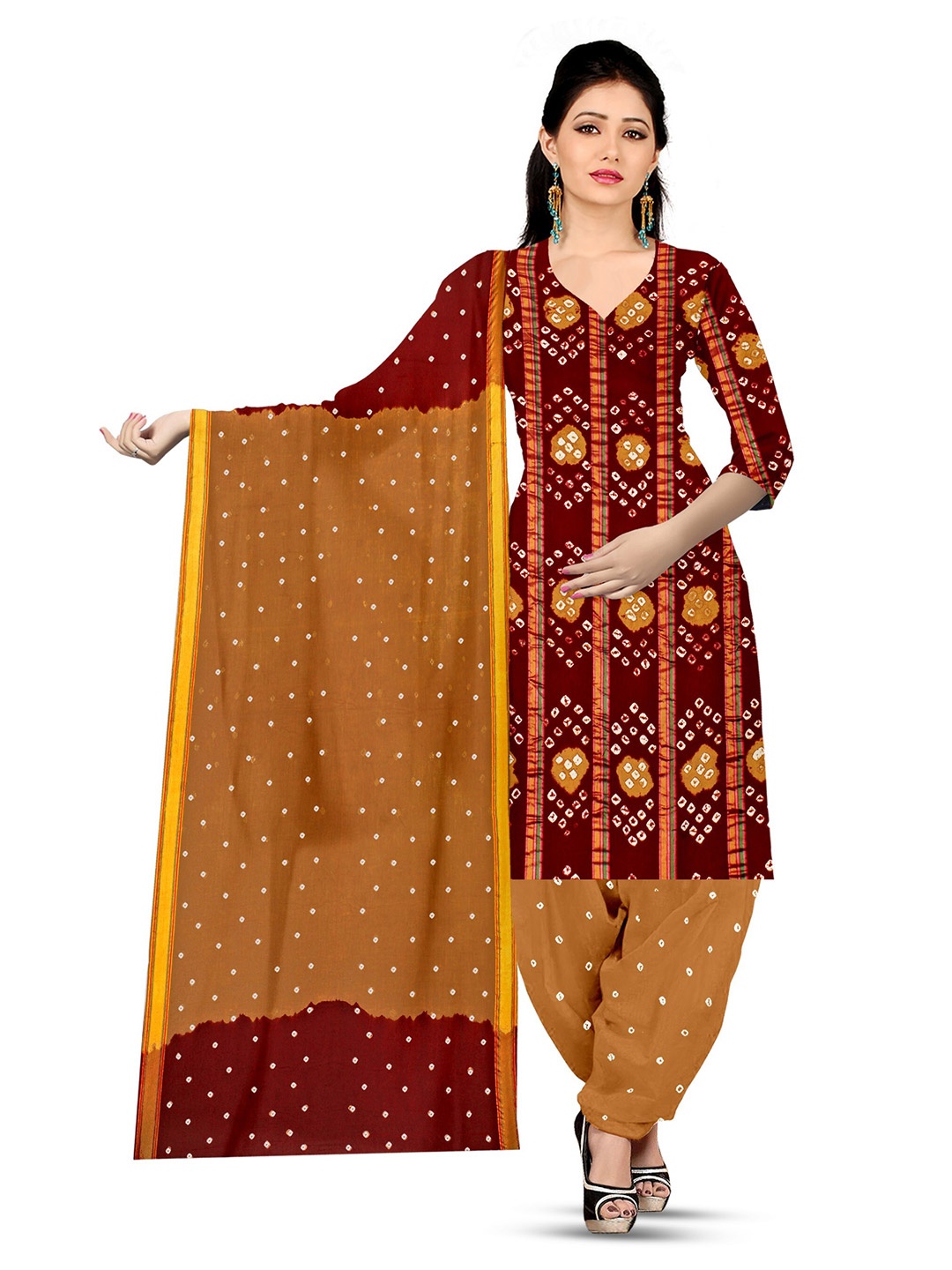 

ZEEPKART Bandhani Printed Zari Unstitched Dress Material, Brown