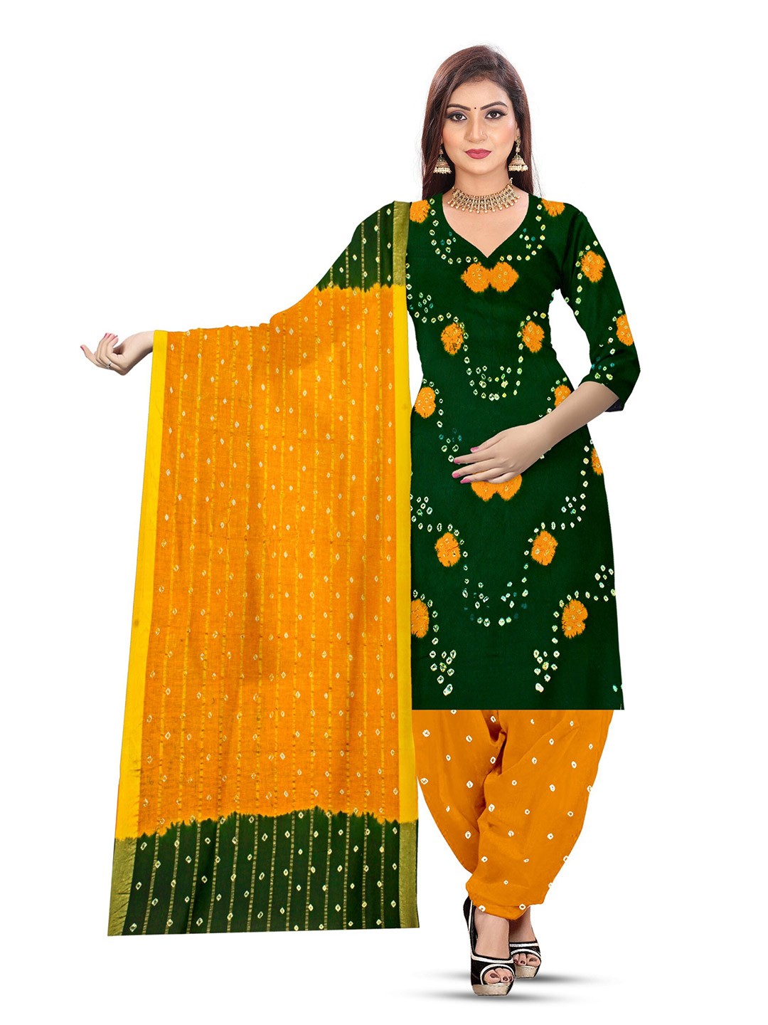 

ZEEPKART Bandhani Printed Zari Unstitched Dress Material, Green
