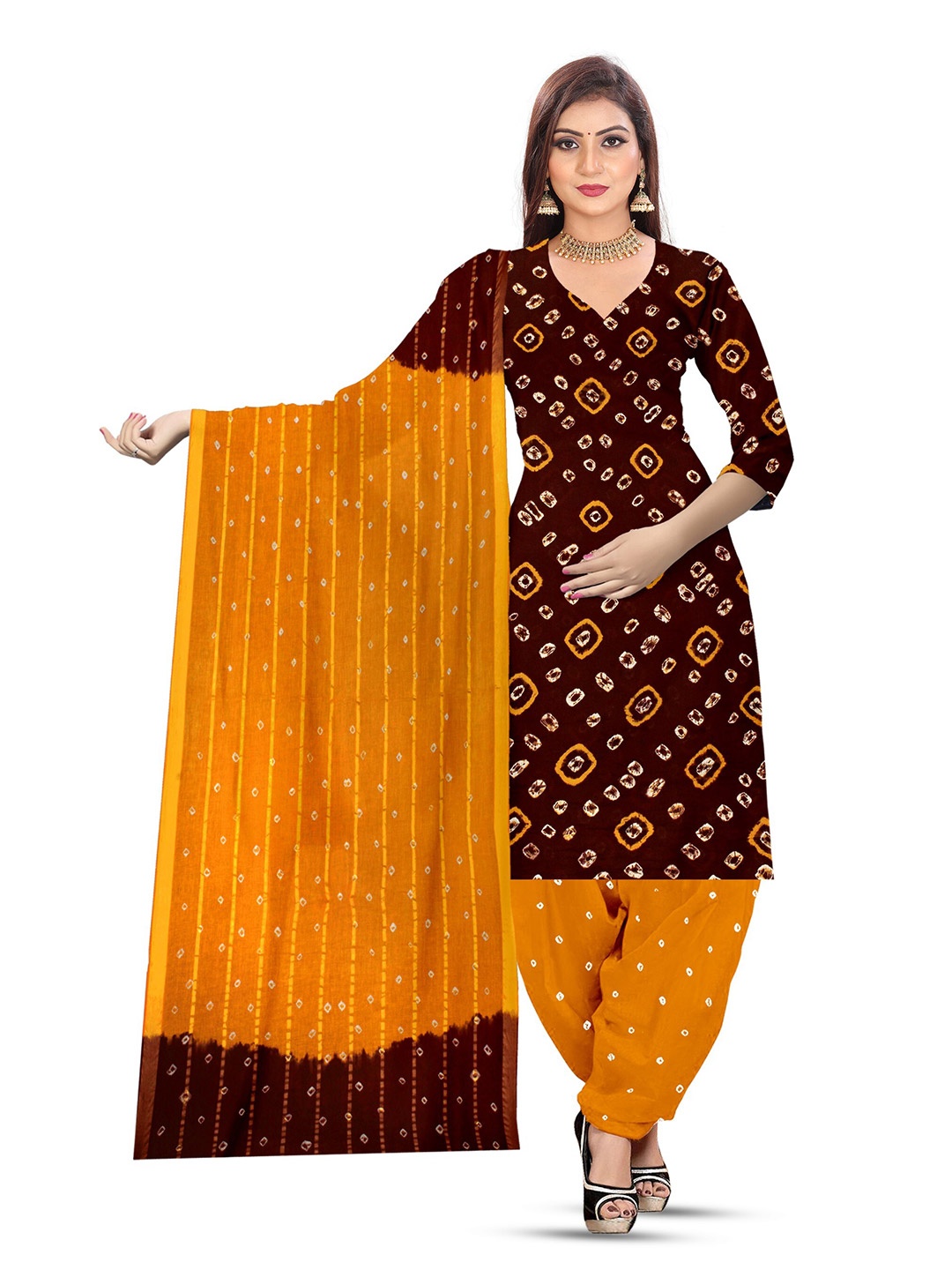 

ZEEPKART Bandhani Printed Unstitched Dress Material, Brown