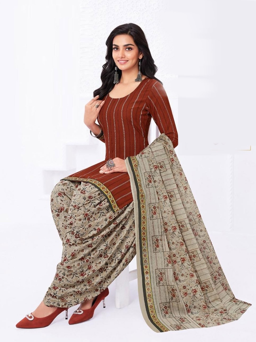 

ZEEPKART Printed Unstitched Dress Material, Rust