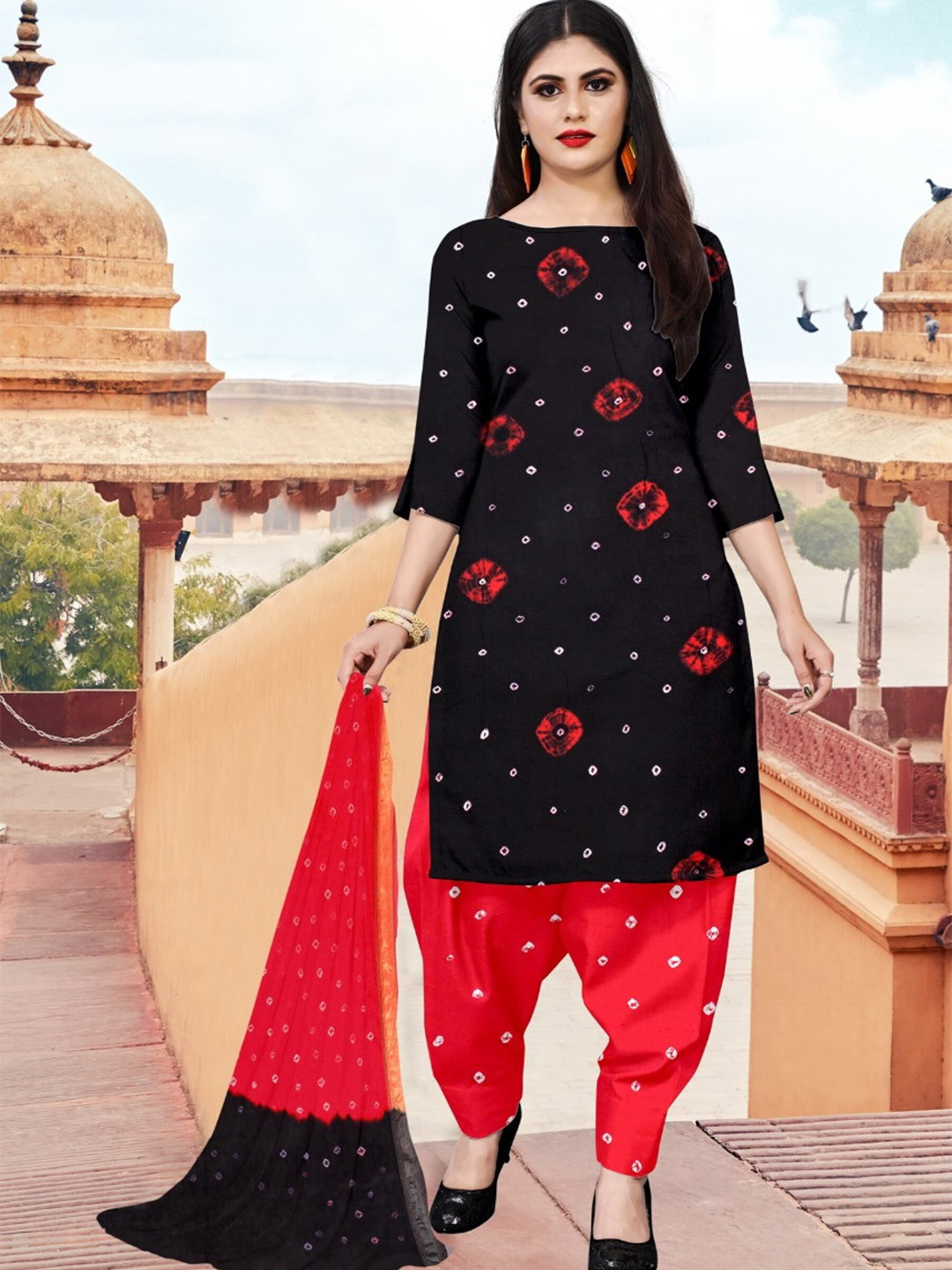 

ZEEPKART Bandhani Printed Unstitched Dress Material, Black