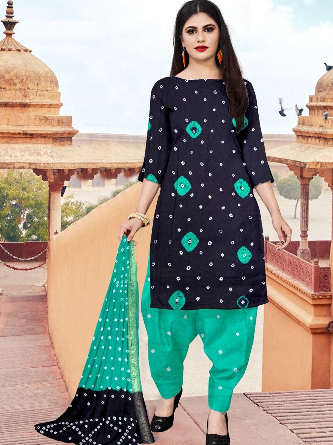 

ZEEPKART Bandhani Printed Unstitched Dress Material, Navy blue