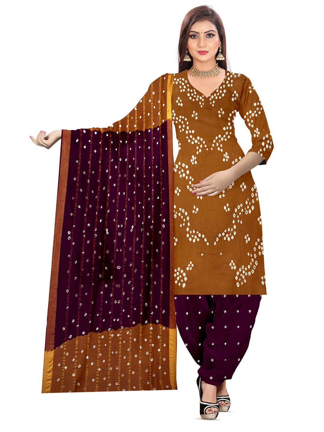 

ZEEPKART Bandhani Printed Unstitched Dress Material, Brown