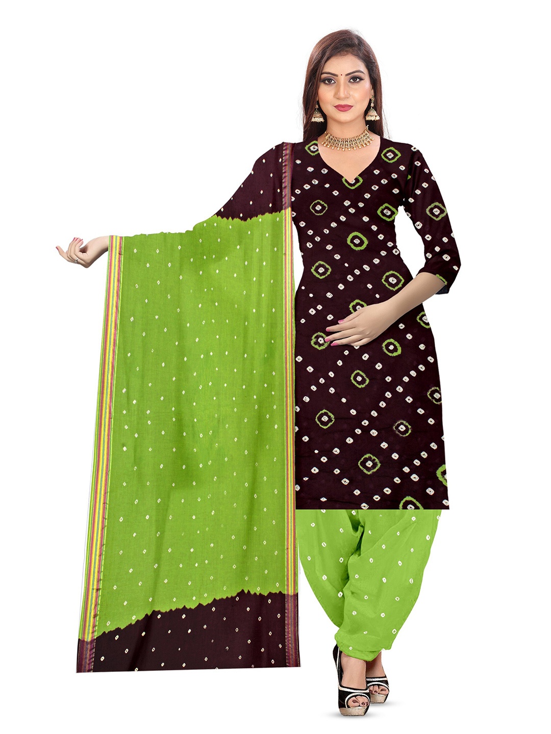

ZEEPKART Bandhani Printed Unstitched Dress Material, Brown