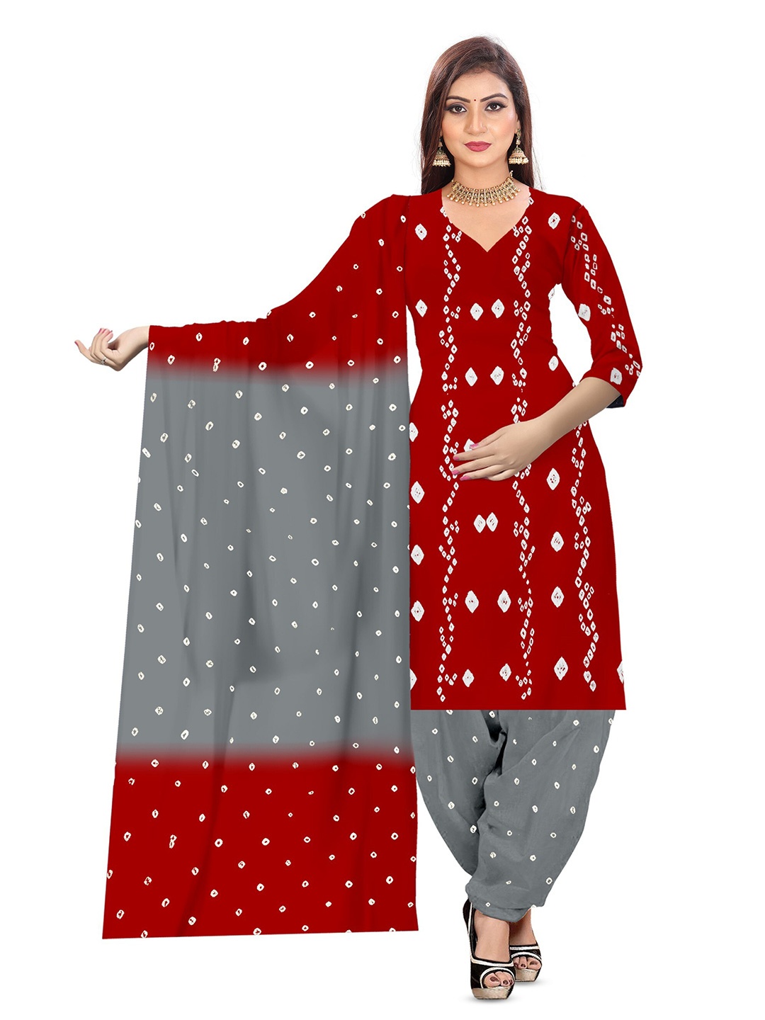 

ZEEPKART Bandhani Printed Unstitched Dress Material, Red